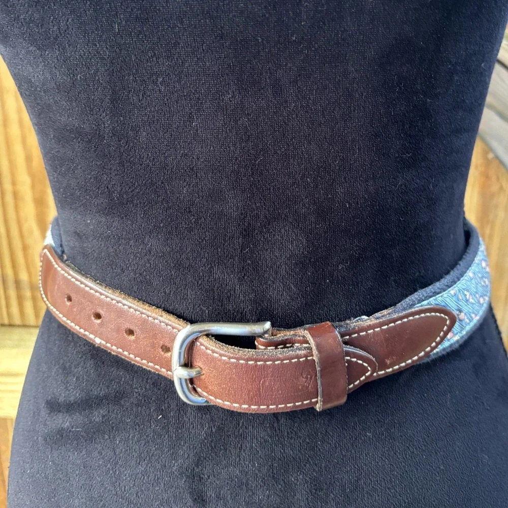Vinyard Vines Blue Lacrosse Leather & Silk Ribbon on Cotton Web Belt 26